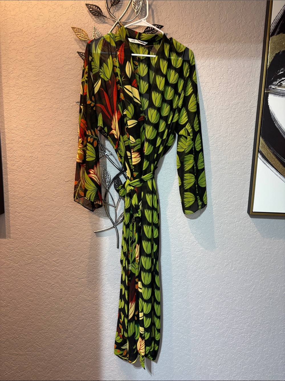 NWOT- Zara Green Leaf-Print dress/duster buttons in front.